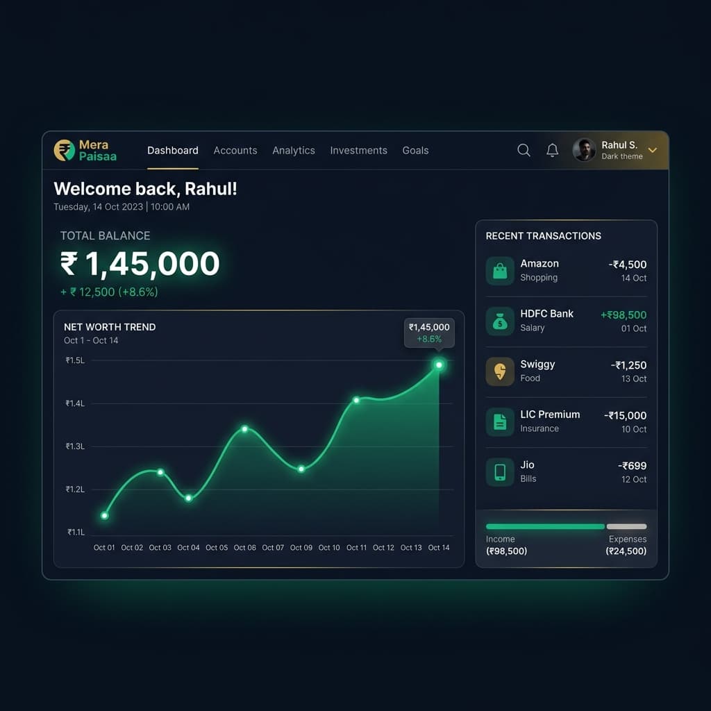 Mera Paisaa Dashboard - Premium Personal Finance and Expense Tracker Interface